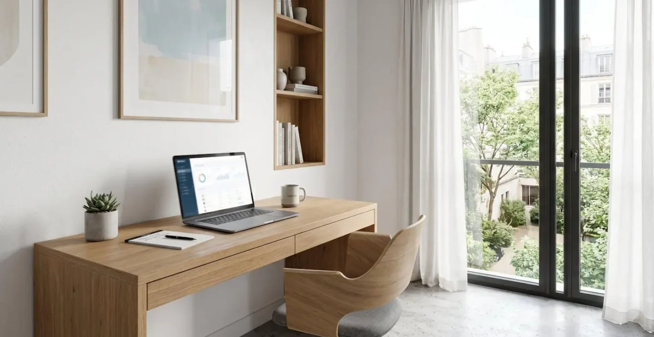 Un espace de travail moderne et minimaliste à domicile avec un bureau épuré, un ordinateur portable et une grande fenêtre laissant entrer la lumière naturelle, sans personne visible