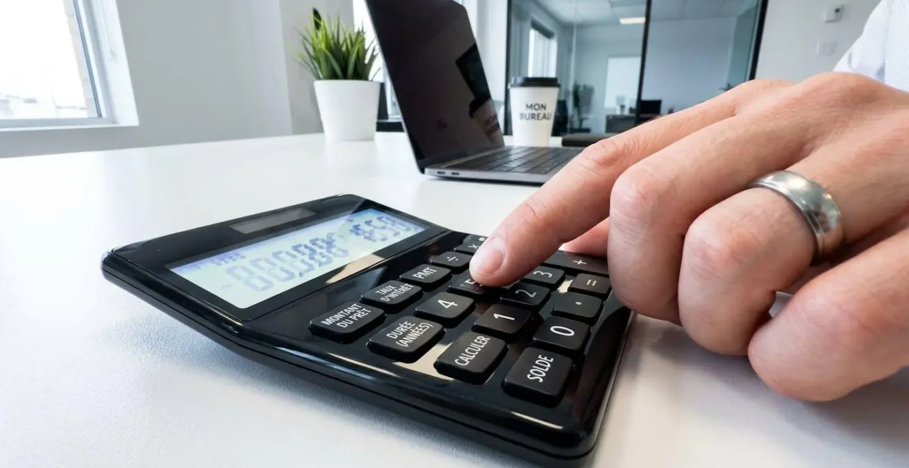 Gros plan sur une calculatrice financière affichant des chiffres de calcul de prêt immobilier, avec des mains en train de saisir des données sur un bureau moderne