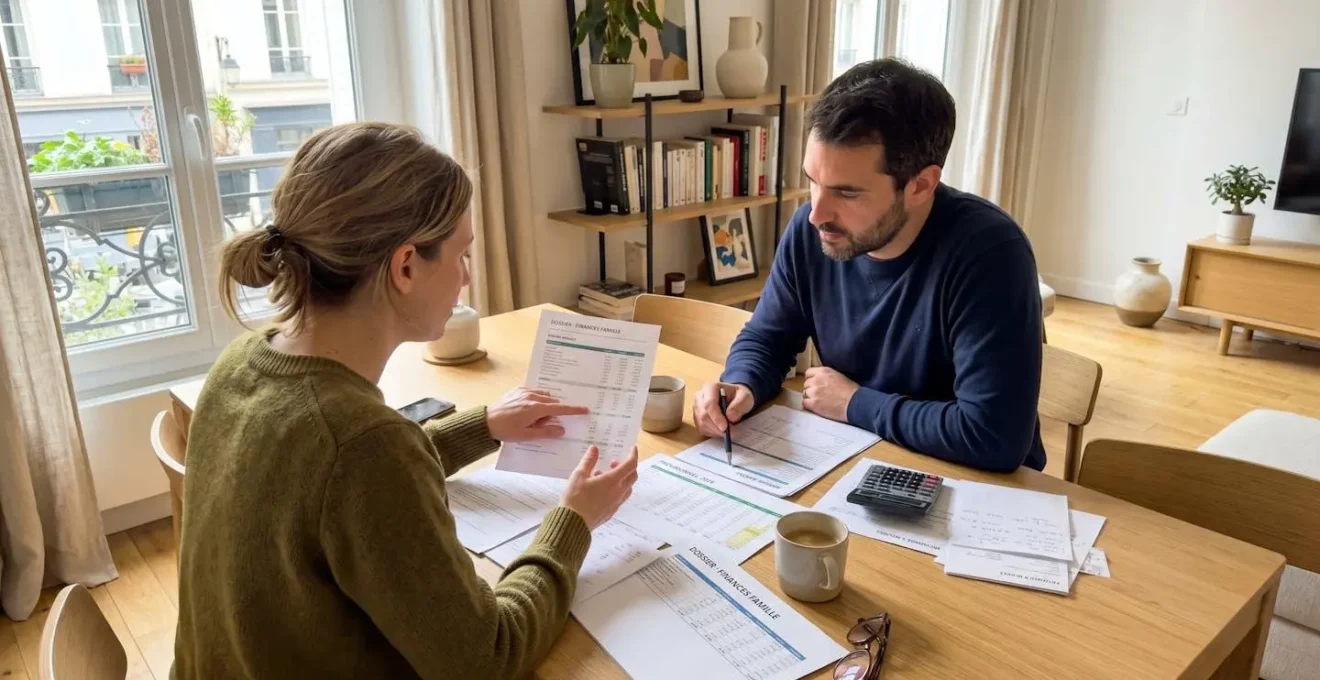 Un couple dans la trentaine assis à une table de salle à manger moderne consulte ensemble des documents financiers dans une lumière naturelle douce