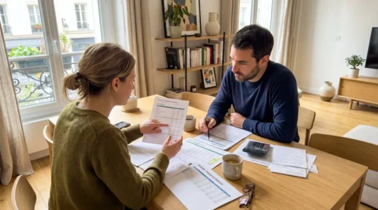 Un couple dans la trentaine assis à une table de salle à manger moderne consulte ensemble des documents financiers dans une lumière naturelle douce